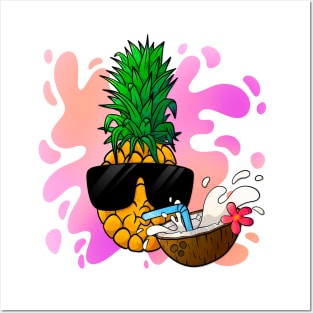 Cool pineapple with sunglasses drinking coconut juice. Posters and Art
